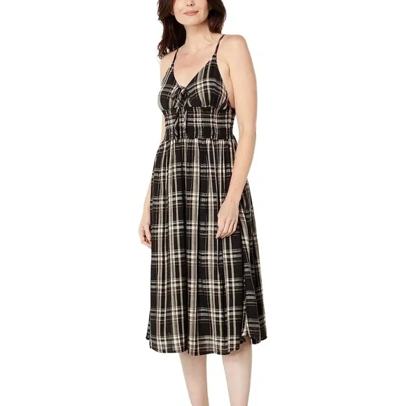Lucky Brand Plaid Midi Dress Women's Dress Black/Cream Multi : SM (US 4-6)